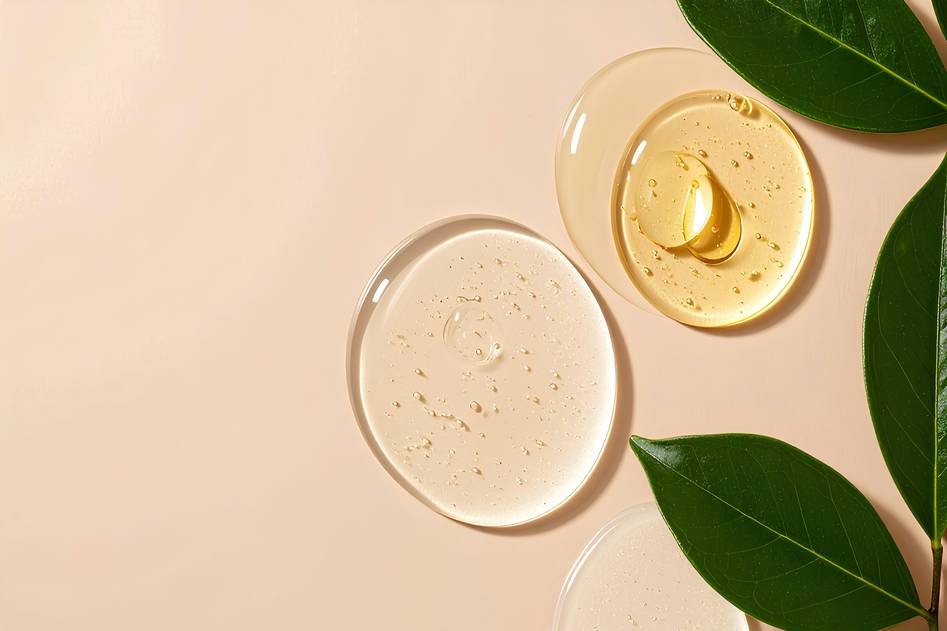 A calming image of natural skincare products surrounded by fresh herbs and flowers on a rustic surface